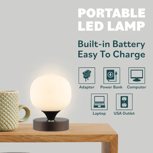Vista 5 de JONATHAN Y JYL7112A - Lámpara de mesa LED recargable moderna de bronce aceitado de 6.13 pulgadas, pantalla de vidrio blanco esmerilado, luz táctil