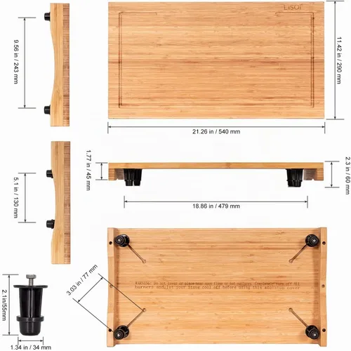 Vista 6 de Cubierta de bambú para estufa y tabla de cortar de encimera con patas ajustables, tabla de cortar de doble propósito para quemador de estufa