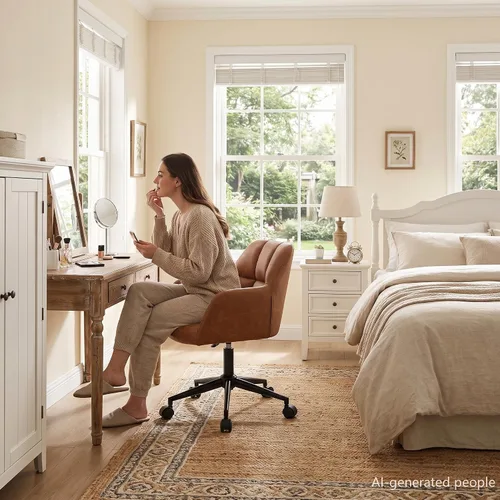 Vista 3 de HNY Silla de escritorio moderna de piel sintética, altura ajustable, cómoda silla giratoria de maquillaje con ruedas para sala de estar, computadora