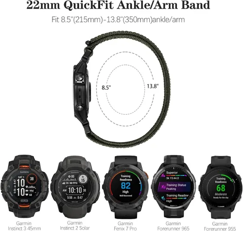 Vista 2 de QuickFit - Correa deportiva para tobillo/brazo de 0.866 in compatible con Garmin Fenix 6 Pro/6/7/7 Pro/5/5 Plus, correa de bíceps de nailon suave