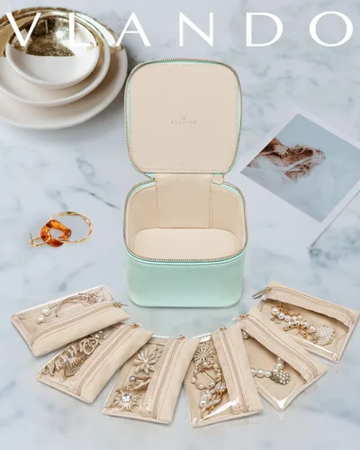 Vista 3 de Vlando Joyero de viaje, estuche de viaje para joyería con 6 bolsillos de terciopelo con cremallera, organizador de joyas de viaje para anillos