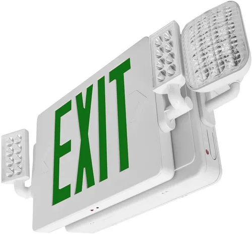 Vista 4 de LFI Lights Thin COMBO UL 924 Listed, LED verde, señal de salida con luces de emergencia, blanco, 120-277 VCA cableada con batería de respaldo, doble