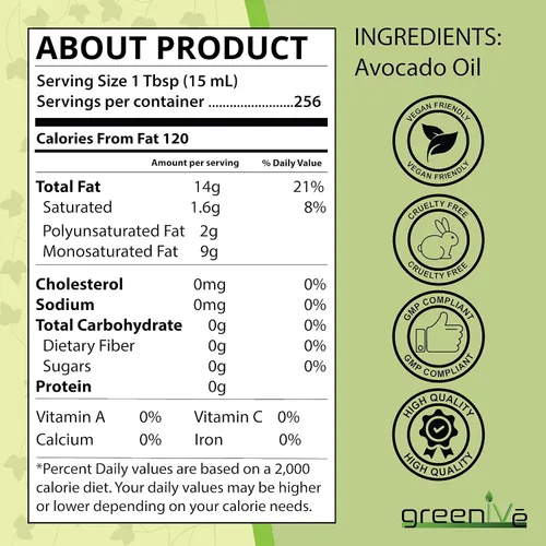 Vista 2 de GreenIVe Aceite de aguacate cultivado naturalmente 100% puro y natural sin aditivos, limpio, prensado en frío, sin OMG, vegano: para cocinar, freír