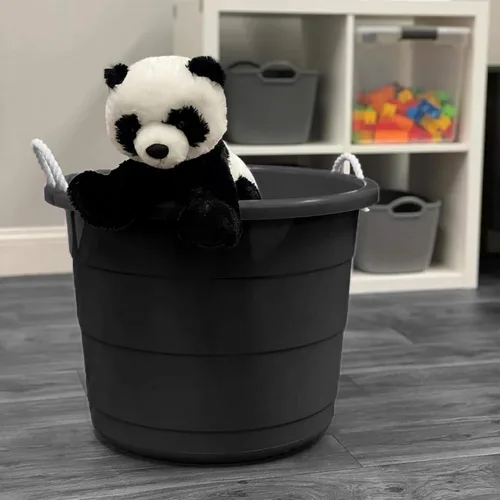 Vista 8 de HOMZ Paquete de 4 cubos utilitarios, cubo grande de plástico con asas de cuerda, 17 galones, color negro, cubos portátiles para interiores