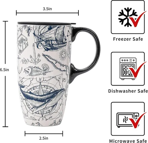 Vista 2 de Taza de cerámica Topadorn de porcelana para café con leche y té con caja de regalo, 17oz. Taza de viaje con tapa, estilo de navegación vintage