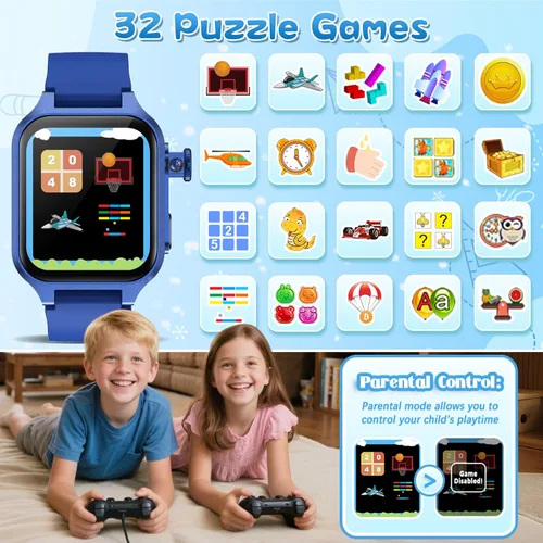 Vista 5 de Reloj inteligente de juego para niños con 32 juegos, cámara telescópica, podómetro, alarma, video, música, audiolibro, tarjeta de aprendizaje
