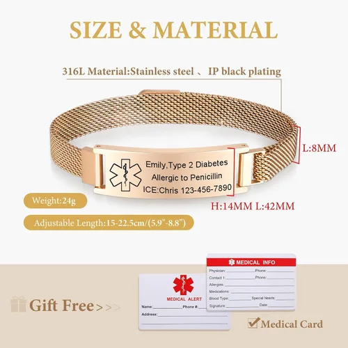 Vista 5 de VNOX Pulsera de identificación de alerta médica para hombres y mujeres, pulseras de alerta médica con grabado personalizado para mujeres y hombres