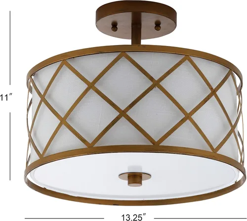 Vista 5 de JONATHAN Y Lámpara de techo LED de metal dorado de 13.25 pulgadas, lámpara de tambor de celosía moderna con pantalla de lino blanco, 2 luces