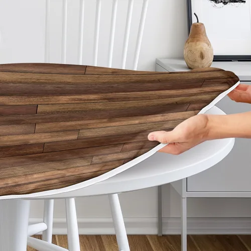 Vista 3 de Mantel redondo de granja ajustable con borde elástico, mantel de madera marrón para exteriores, funda impermeable para mesa, decoración para picnic