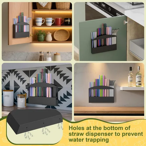 Vista 7 de MyLifeUNIT Soporte para popote para puerta de gabinete, dispensador de paja de metal, organizador de pared con cinta adhesiva de doble cara