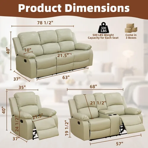Vista 2 de Living Room Furniture Sets, Leather Recliner Sofa, Sectional Sofa Set with Convertible Table & Cup Holders, 3 Pieces Furniture for Living