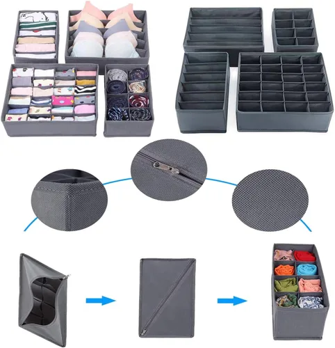 Vista 4 de Organizador de cajones de aparador, paquete de 8 unidades, ropa interior, calcetines, separadores de cajones beige, gris, plegable, organizador