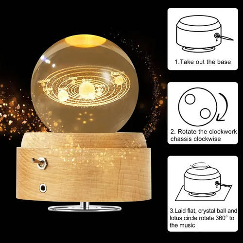 Vista 3 de Caja de música LED con forma de bola de cristal con sistema solar, el mejor regalo de decoración para padre, papá, marido, hombres, novio, novia