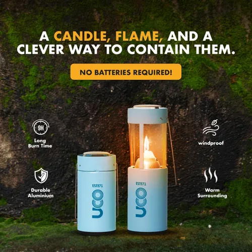 Vista 5 de Kit de linterna de vela original UCO – Linterna de camping de aluminio con 2 velas de emergencia, reflector de luz y estuche tipo capullo – Linterna