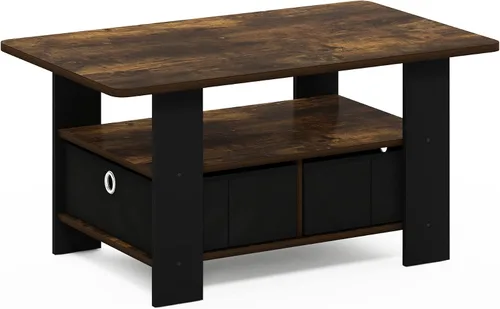 Vista 5 de Furinno Andrey - Mesa de centro con cajón de contenedor, pino ámbar/negro, pequeña parte superior sin elevación