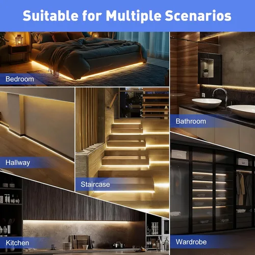 Vista 2 de LUXJET - Luz recargable con sensor de movimiento para armario, tira LED flexible de 1 m con 30 luces LED, sensor PIR y de luz, luz nocturna blanca