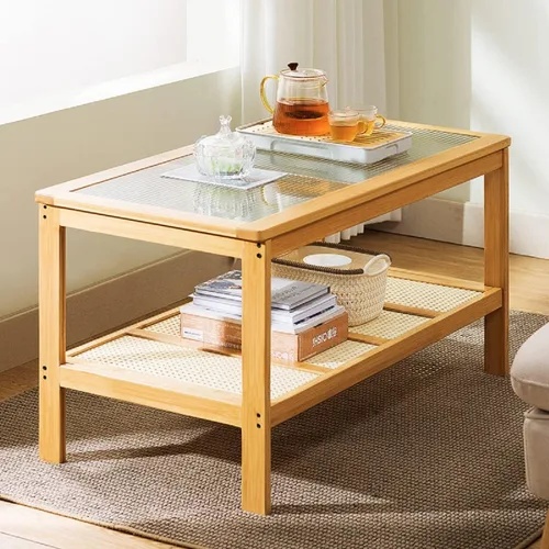 Vista 6 de Gdrasuya10 Mesa de centro moderna de bambú para sala de estar, mesa auxiliar rectangular de 2 niveles, mesa central de vidrio, estante