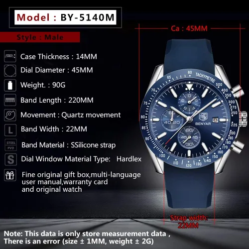 Vista 3 de BENAYR - Relojes de pulsera para hombre, cronógrafo, analógico, de cuarzo, impermeables, con correa de goma, relojes de pulsera de negocios