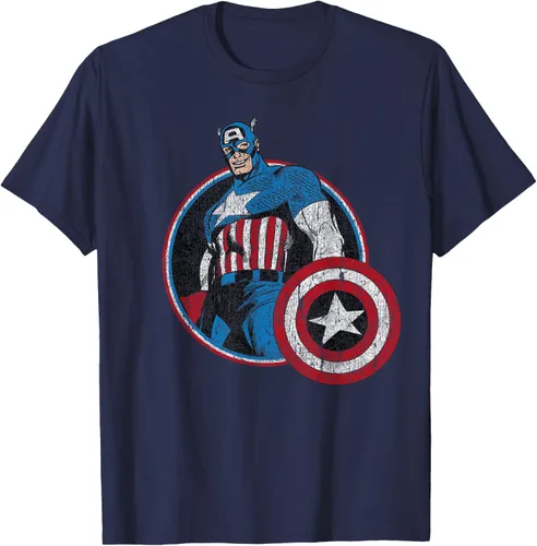Vista 28 de Marvel Avengers Vintage Capitán América Comic Hero Retrato Camiseta Pequeña Negro