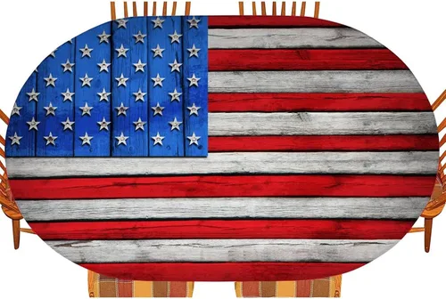 Vista 2 de Mantel de mesa ovalado con bandera estadounidense, mantel con bandera estadounidense sobre madera, cubierta elástica ajustada para el día