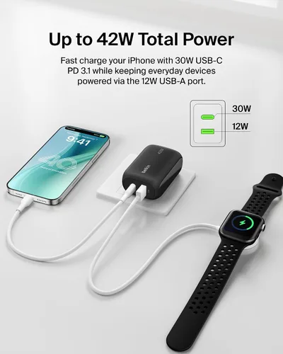 Vista 3 de Belkin Bloque de cargador de doble puerto de 42 W, cargador USB-C + USB-A de carga súper rápida - Samsung Galaxy S26, Apple iPhone 17, Air, Pro, Pro