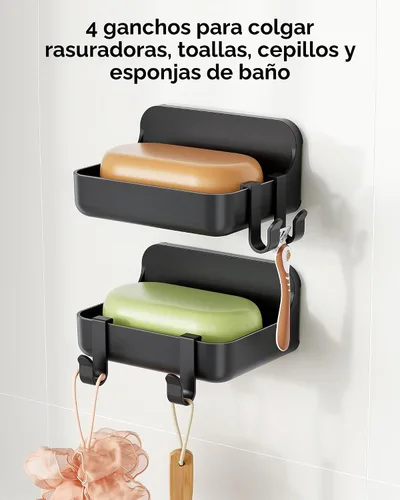 Vista 3 de Orimade Jabonera de montaje en pared con 4 ganchos, jabonera transparente autoadhesiva sin taladrar para ducha y baño, drenaje rápido a prueba