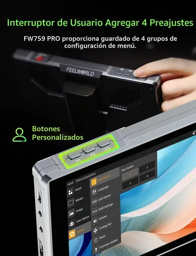 Vista 4 de FEEWLORLD FW759PRO 7 pulgadas 400nit pantalla táctil DSLR cámara monitor de campo