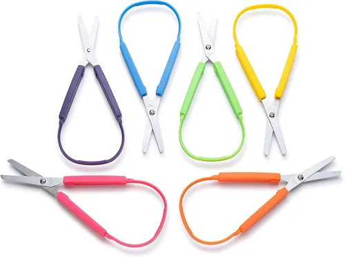 Vista 7 de Special Supplies Tijeras de bucle para adolescentes y adultos de 8 pulgadas (paquete de 6) con bucles coloridos, diseño adaptativo, soporte derecho