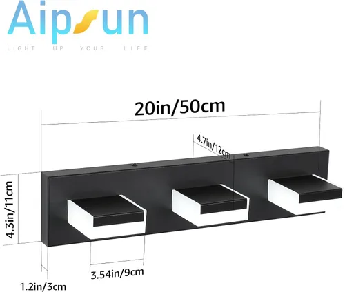Vista 4 de Aipsun Moderna lámpara LED de tocador de baño con 3 luces, luz blanca de 6000 K sobre espejo