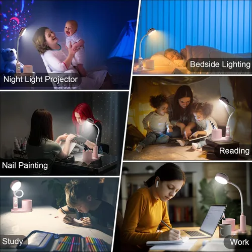 Vista 6 de Lámpara de escritorio rosa para oficina en casa, pequeña luz de mesa táctil para niños Eye-Care Dimmable Bedside Reading Light, Flexible