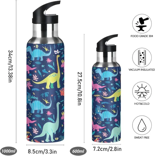 Vista 2 de Stainless Steel Water Bottle 20 Oz, BPA-Free Sport Water Bottle Insulated for Gym Outdoor Travel School, Dinosaurs Tropical Navy Blue