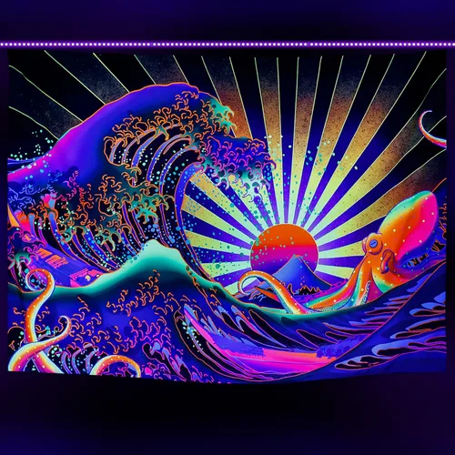 Vista 10 de Tapiz de Hongos con Luz Negra Reactivo a UV, Tapiz de Paisaje de Bosque Brumoso, Fantasía de Hadas en País de las Maravillas con Mariposas