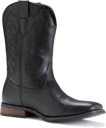 Vista 2 de IUV Botas de Vaquero para Hombre de Pie Ancho Punta Cuadrada Botas Occidentales con Bordado Clásico Duraderas Sin Cordones Negro