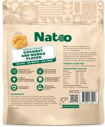 Vista 8 de NATOO Galletas para perros pequeños y cachorros, golosinas crujientes de coco y mango, galletas naturales saludables para perros, ricas en Omega 6