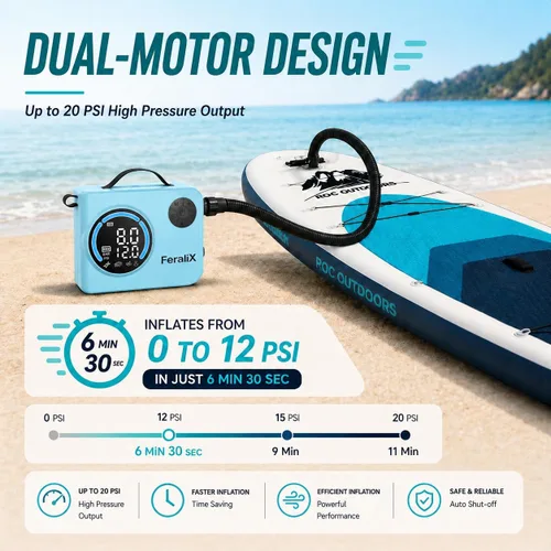 Vista 3 de Bomba eléctrica para tabla de remo, compresor de aire SUP recargable de 20 PSI con apagado automático, inflado y desinflado de doble etapa