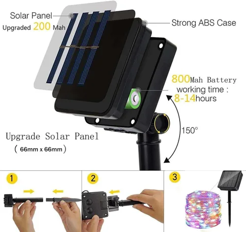 Vista 7 de Paquete de 2 luces de hadas que funcionan con energía solar, 39 pies, 100 luces LED de alambre plateado, impermeables, mini luciérnagas