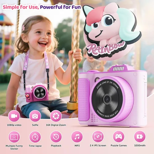 Vista 3 de Cámara para niños, regalos de Navidad y cumpleaños para niños y niñas de 3 a 12 años, cámaras de video digitales HD mejoradas para niños, juguetes