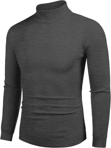 Vista 13 de COOFANDY Suéter de cuello alto falso para hombre, ajuste delgado, informal, básico, suéter térmico de punto 01-Negro