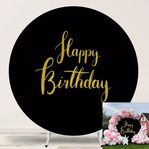 Vista 11 de Cartel de feliz cumpleaños dorado de 6.5 pies, cubierta de fondo circular blanco con 4 clips, telón de fondo redondo para fotografía, cartel dorado