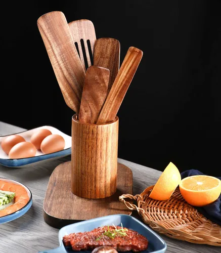 Vista 7 de Kit de 5 cucharas de madera para cocinar duradero de madera de acacia, herramientas y utensilios de cocina de mango largo para utensilios de cocina
