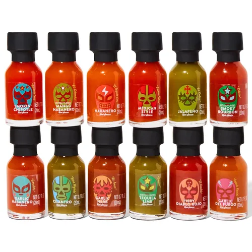Vista 3 de Thoughtfully Gourmet, Luchador Hot Sauce Book Set de regalo, sabores incluyen bourbon ahumado, habanero, ajo del Fuego y más, muestra de salsa