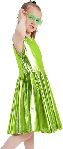Vista 4 de techcity Vestido metálico brillante para niñas, vestidos plisados acampanados con lentes de sol, ropa de baile para fiesta, disfraces