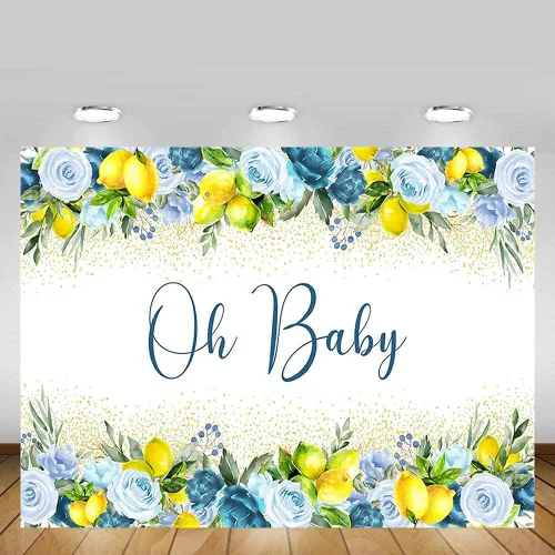 Vista 3 de MEHOFOND Telón de fondo de baby shower de limón de 7 x 5 pies para niño Oh Baby Blue Floral Lemonade Background Party Banner Decoración de mesa
