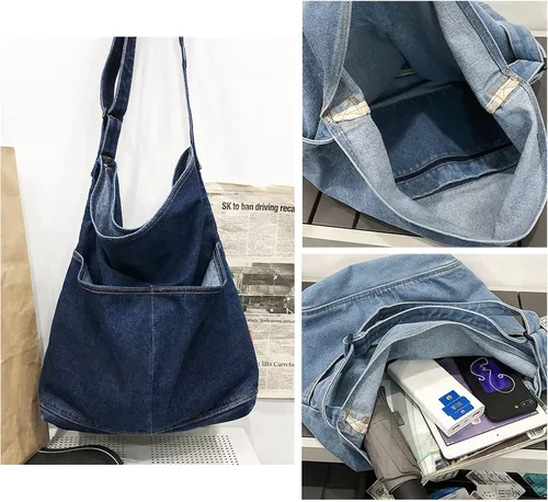 Vista 3 de KlaOYer Bolso bandolera de lona, bolso grande tipo hobo para la escuela, bolso de hombro con bolsillo para mujeres y hombres