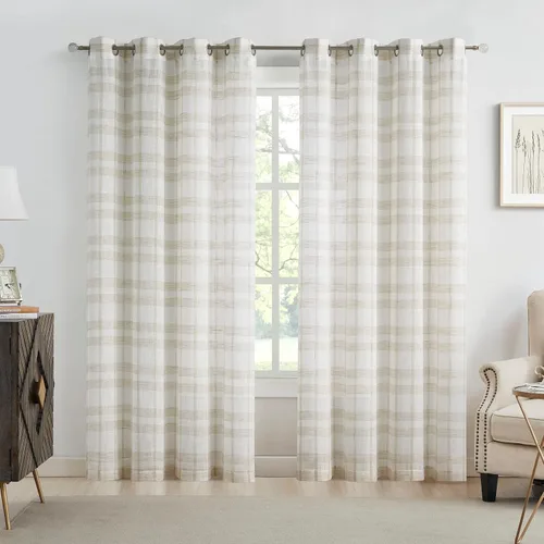 Vista 9 de SXZJTEX Cortinas a cuadros grises y blancos, cortinas rústicas de lino traslúcido a cuadros de 63 pulgadas de largo para sala de estar, dormitorio