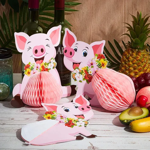 Vista 4 de Zonon 4 piezas de decoración de fiesta de cerdo Luau, centros de mesa de tejidos, cerdo rosa, animales de granja, decoraciones para cumpleaños