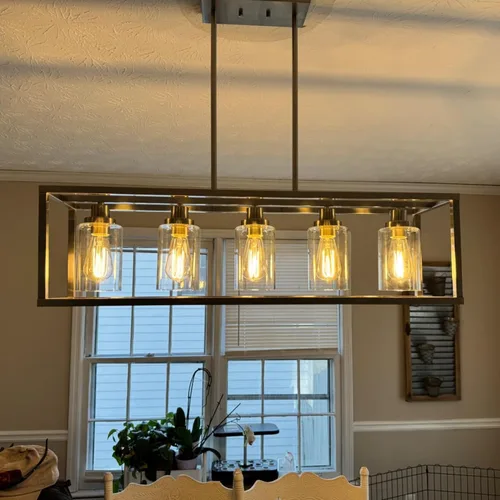 Vista 2 de MELUCEE Candelabro Industrial de 36.2 Pulgadas de Longitud para Isla de Cocina, Luminaria Rectangular de 5 Luces para Comedor Colgante con Acabado