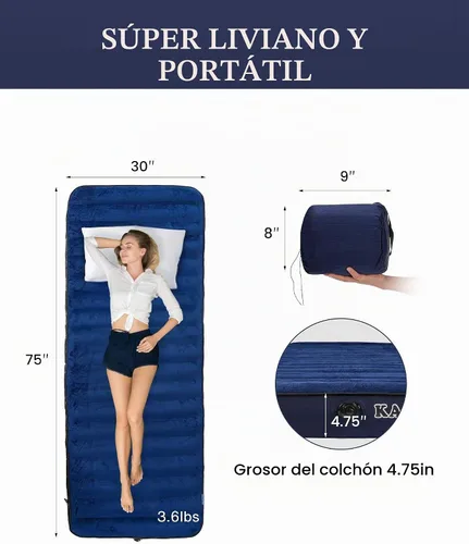 Vista 4 de Colchoneta inflable para acampar, colchón portátil de aire individual, color azul