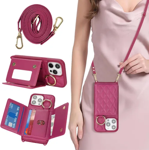 Vista 31 de Funda para iPhone 14 con tarjetero y correa para mujer, cordón cruzado, espejo de maquillaje, soporte de anillo, cierre a presión, bonitas fundas