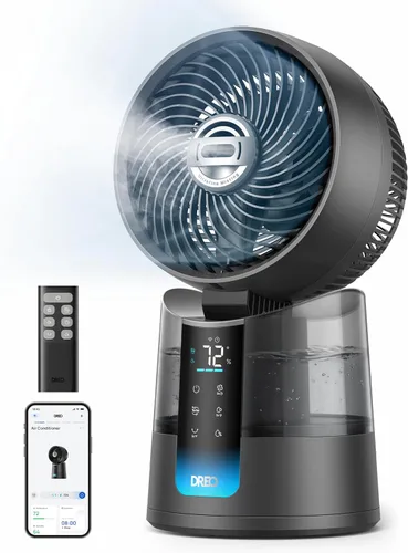 Vista 10 de DREO TurboCool Ventilador de nebulización 516, oscilación omnidireccional de 150°+30°, ventilador de enfriamiento de escritorio de caída de 5 ℉